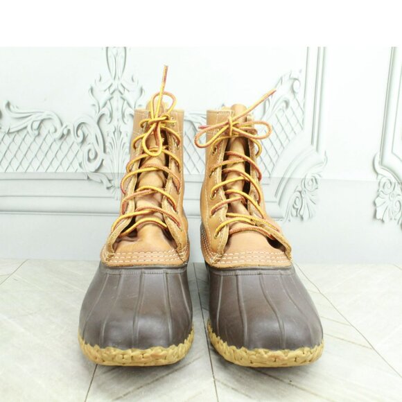 LL Bean Brown Leather Lace Up Round Toe Unlined Ankle Duck Boots Size 8 N - Picture 3 of 10